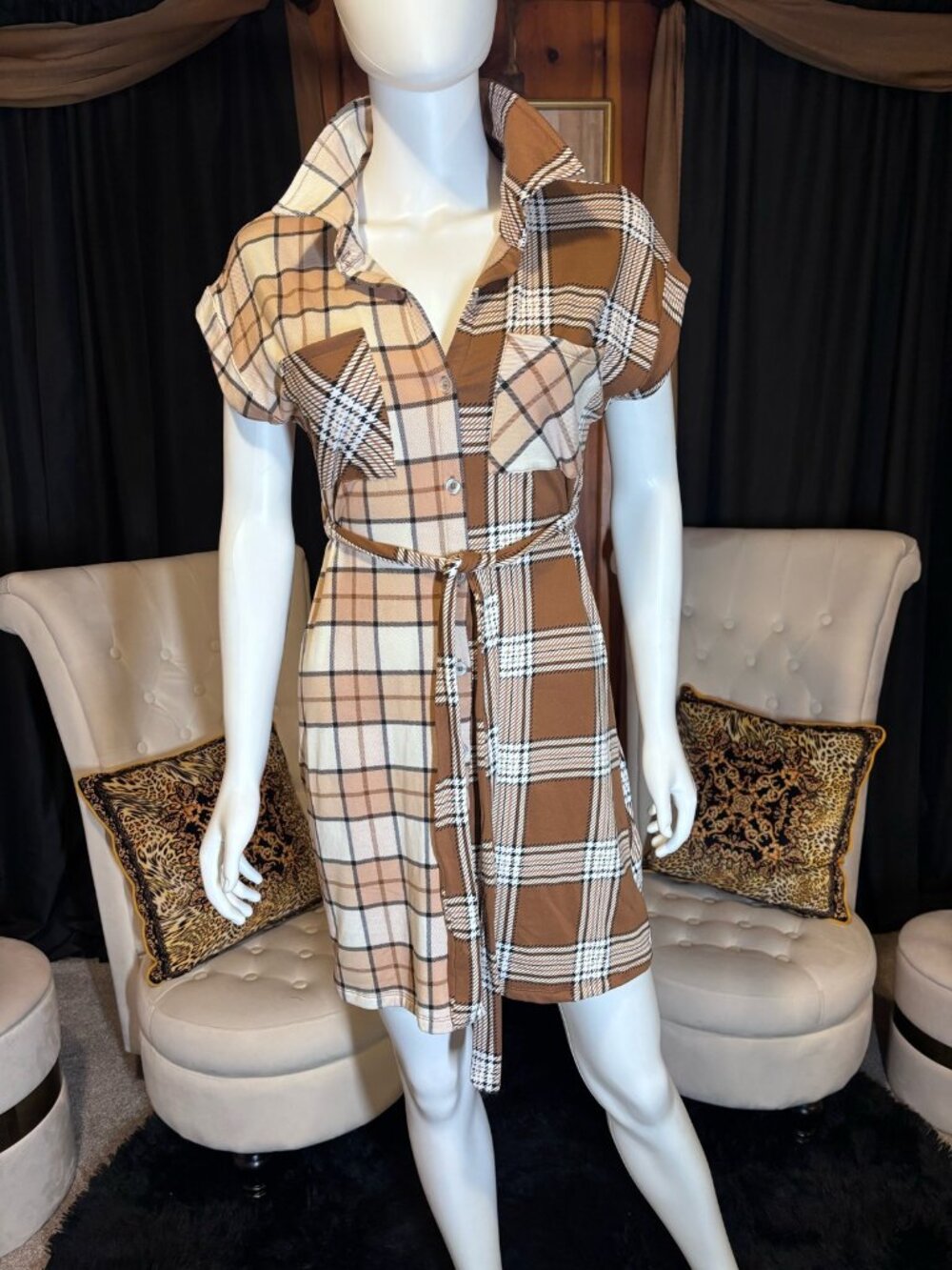 No Boundaries Juniors M 7-9 Cream Tan Brown Plaid Belted Shirt Dress NWT Fall